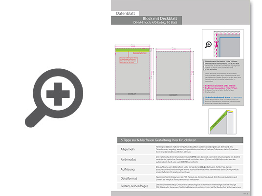Product Bild block_mit_leimbindung_und_deckblatt__din_a4__10_blatt__4_0_farbig_einseitig_bedruckt